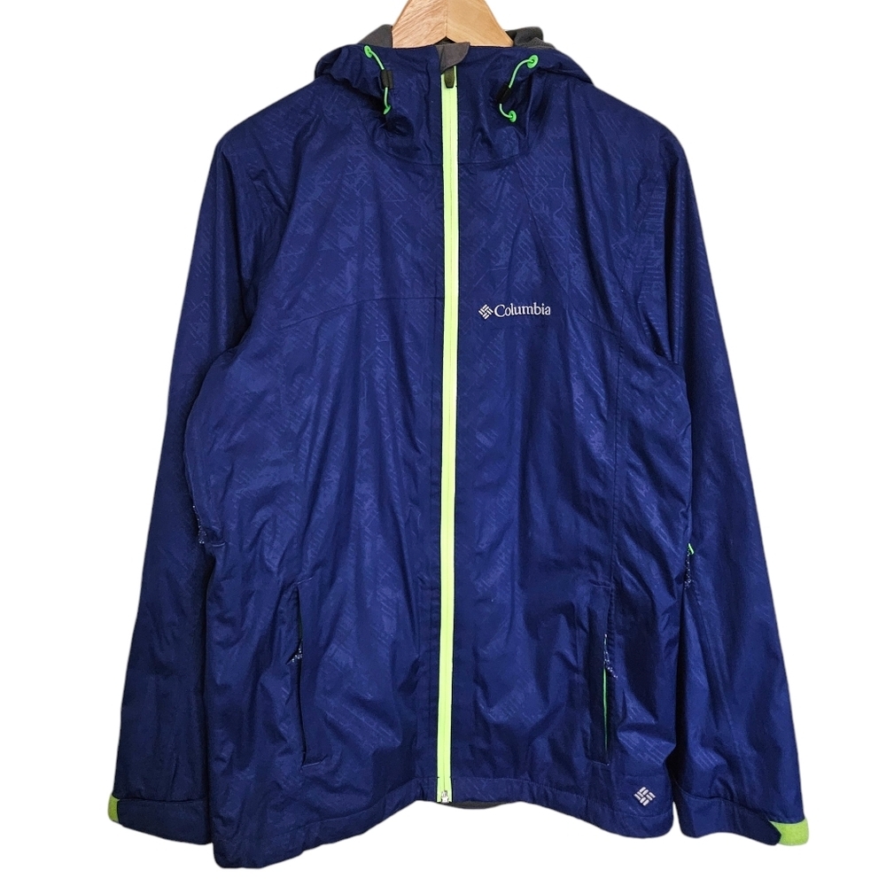 Columbia Omnitech Hooded Rain Jacket Small Blue/Purple With‎ Neon Green